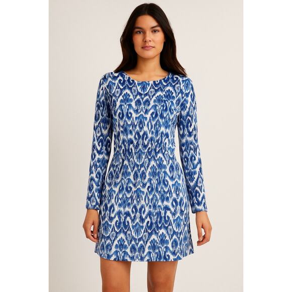 Coolibar Blue Geometric Print Jersey Dress Medium Long Sleeve UPF 50+ Beach Pool - Picture 1 of 9